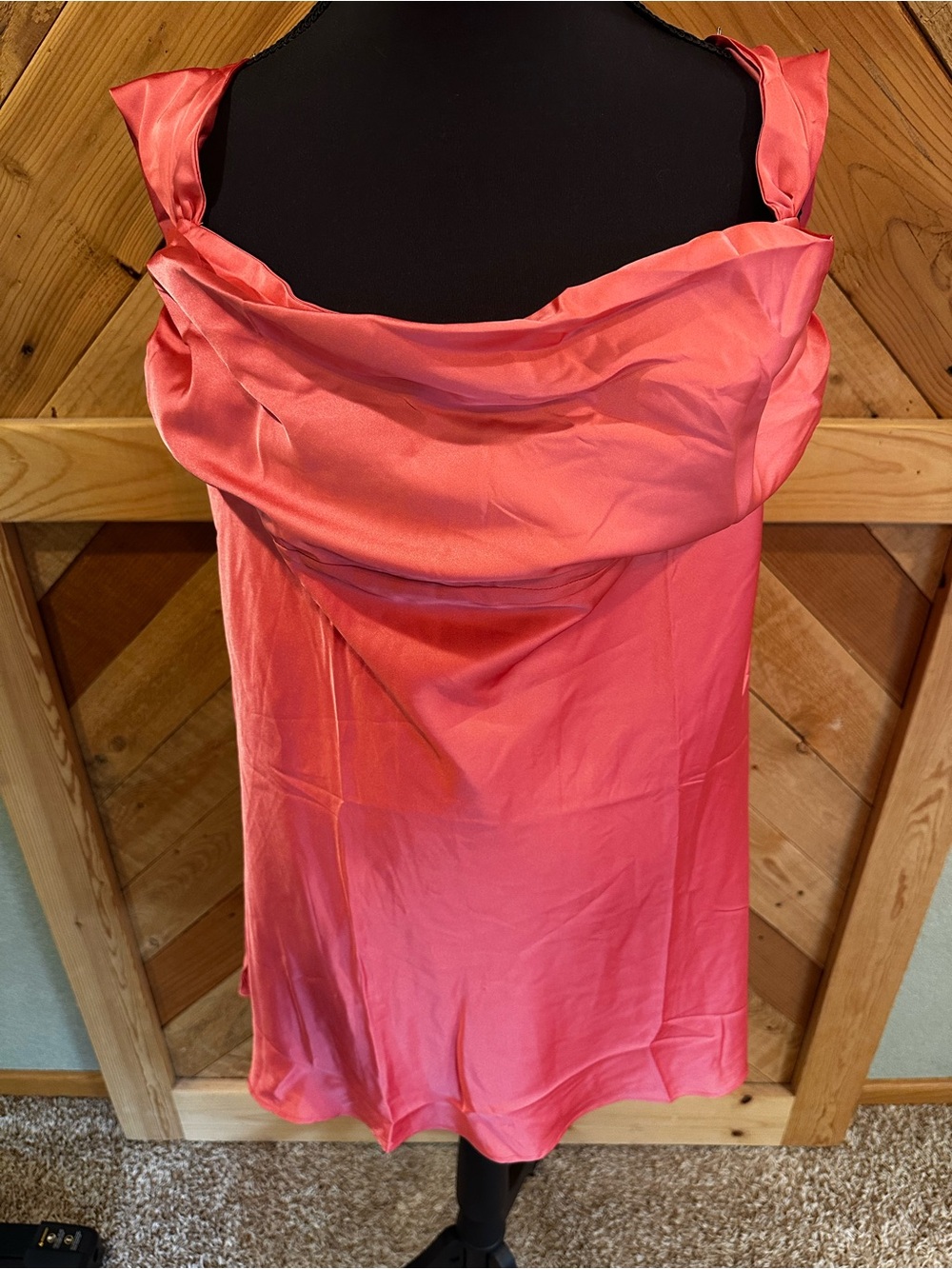 Beginning Boutique Coral Satin Cowl Neck Mini Dress-off the shoulder
